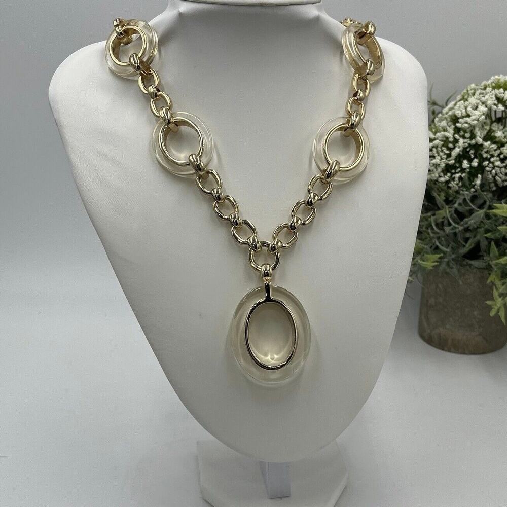 White House‎ Black Market Clear Ring Lucite Pendant Long Neutral Gold Necklace